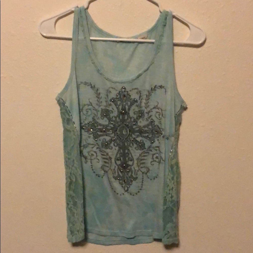 Miss Me Turquoise rhinestone and lace tank top